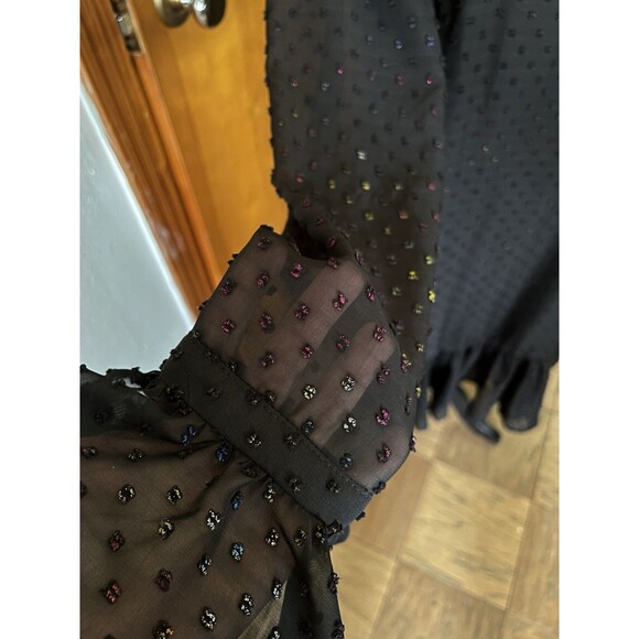 Betsey Johnson Black Rainbow Clip Dot Ruffled Dress High Neck Sheer Size 10 Midi - Picture 7 of 12
